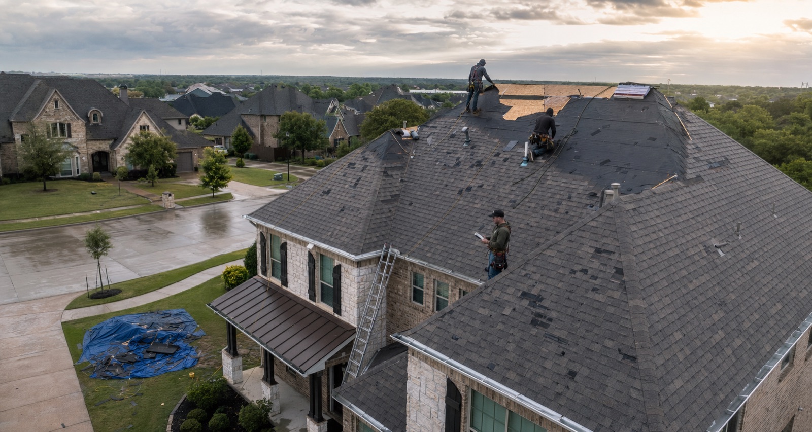 Roofing contractor crew replacing shingles on a residential roof in Rockwall County, Texas