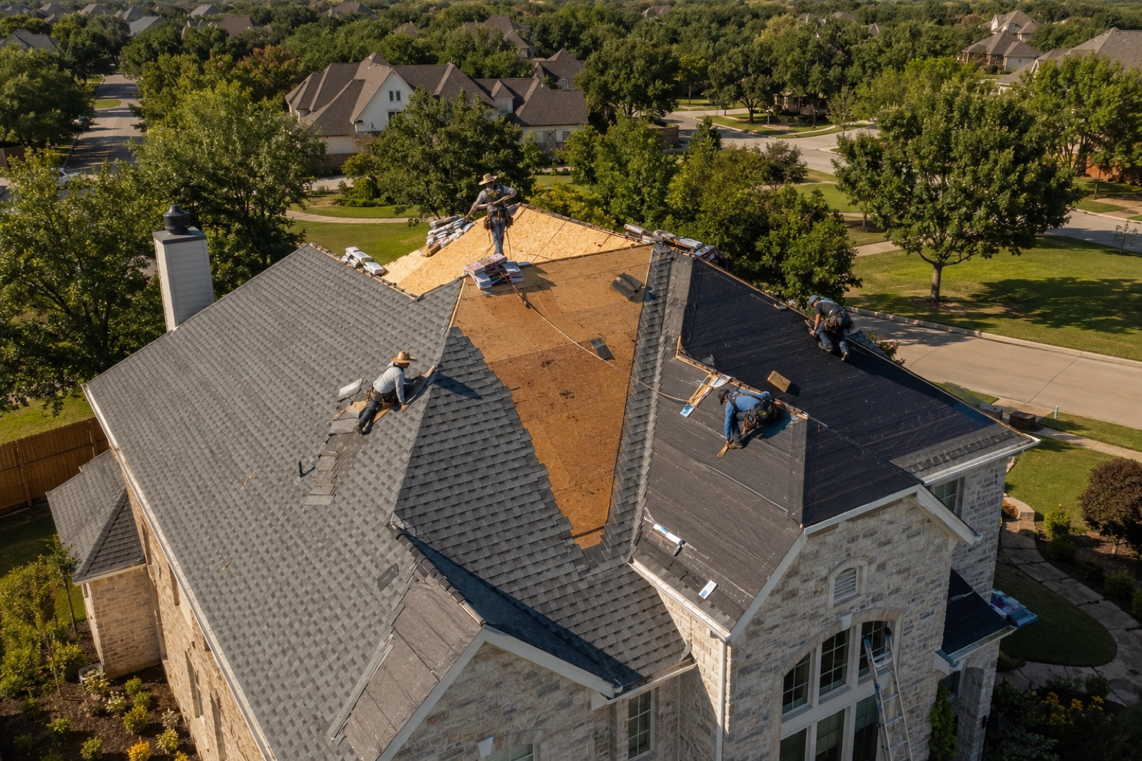 Roofing crew working on a residential roof in the Dallas Fort Worth area