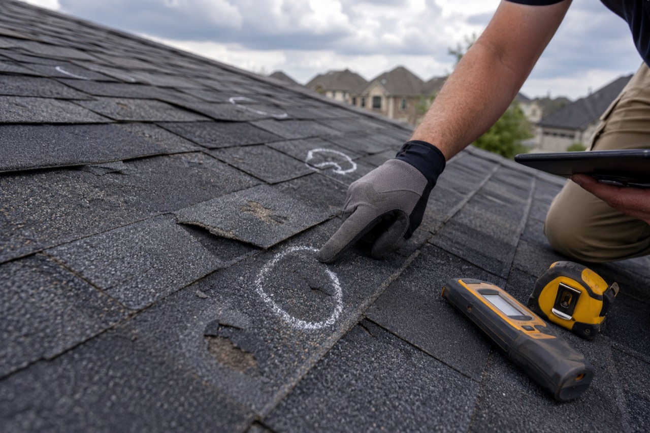 Roofing contractor documenting hail damage on a shingle roof in the Dallas Fort Worth area
