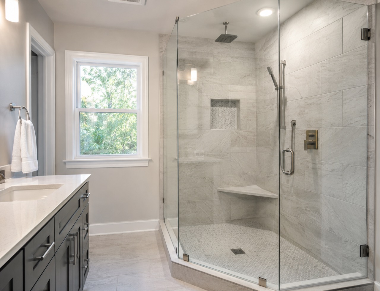 Remodeled bathroom with a new tile shower in a Dallas Fort Worth area home