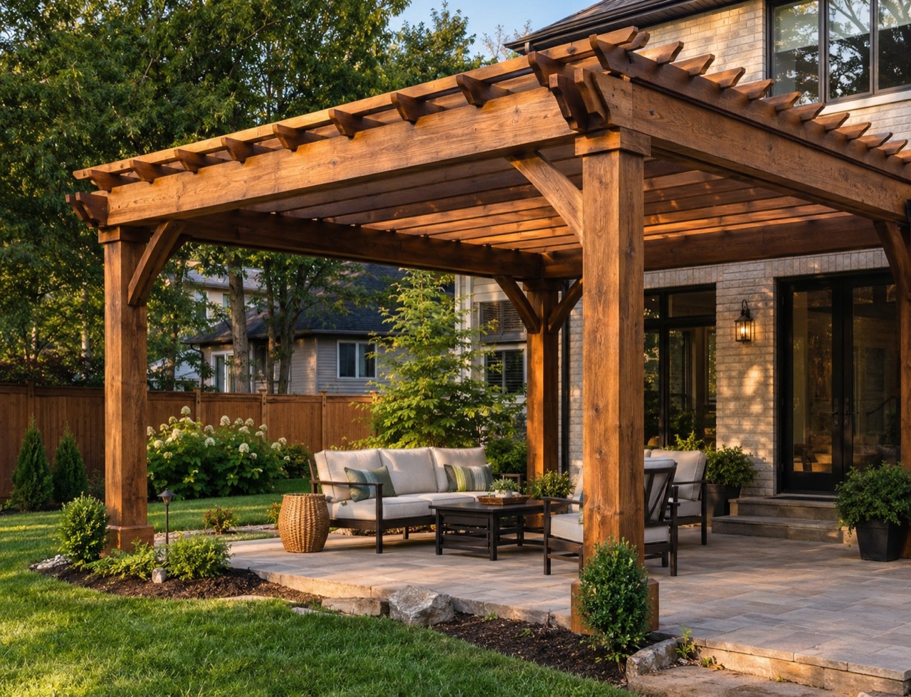 Custom wood pergola providing shade over a backyard patio in the Dallas Fort Worth area