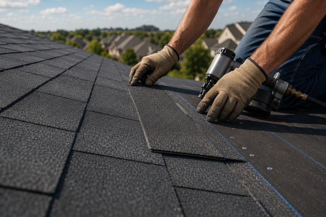 Roofing crew installing new asphalt shingles on a residential home in Rockwall County, Texas